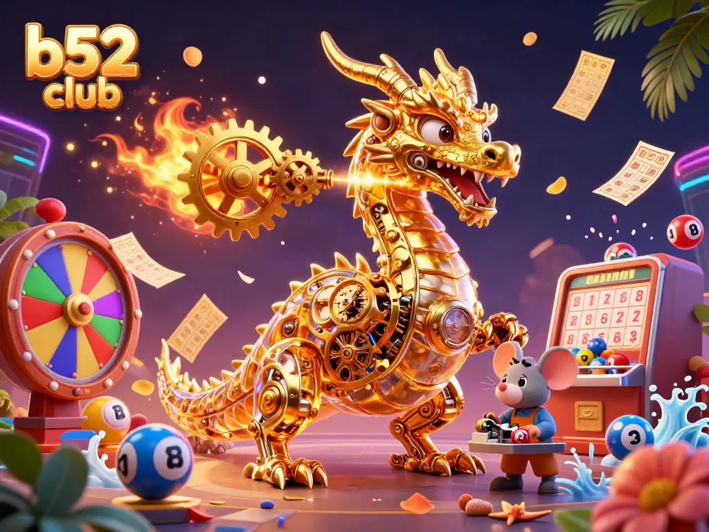 Experience thrilling wins at b52 club with a biomechanical dragon, colorful lottery balls, and vibrant gaming elements.