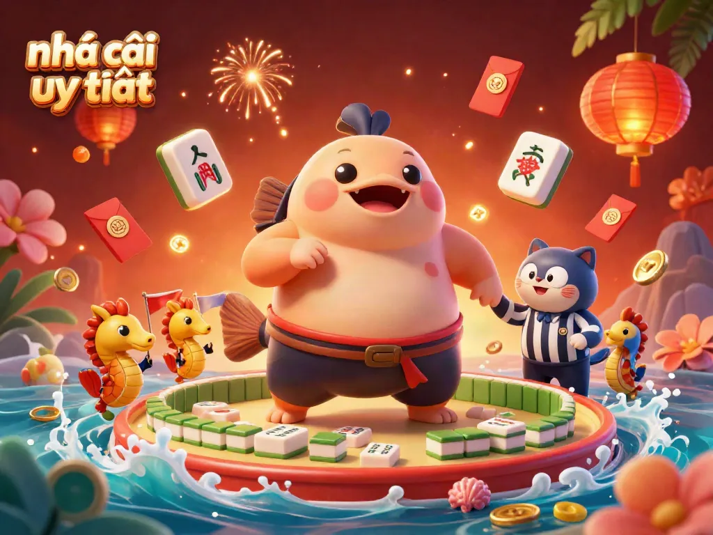 Energizing illustration of a puffed fugu in a casino setting, showcasing nhà cái uy tín with vibrant game elements.
