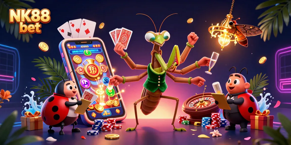 Engage in exciting gaming action at NK88 bet with a vibrant casino illustration featuring various gambling elements.
