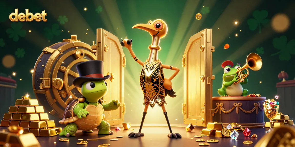 Experience the vibrant debet casino scene with a crane, turtle, and frog amid treasures.