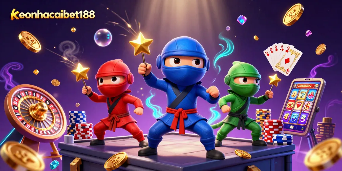 keonhacaibet188 showcases a vibrant casino scene with ninja chameleon characters amidst thrilling game elements.