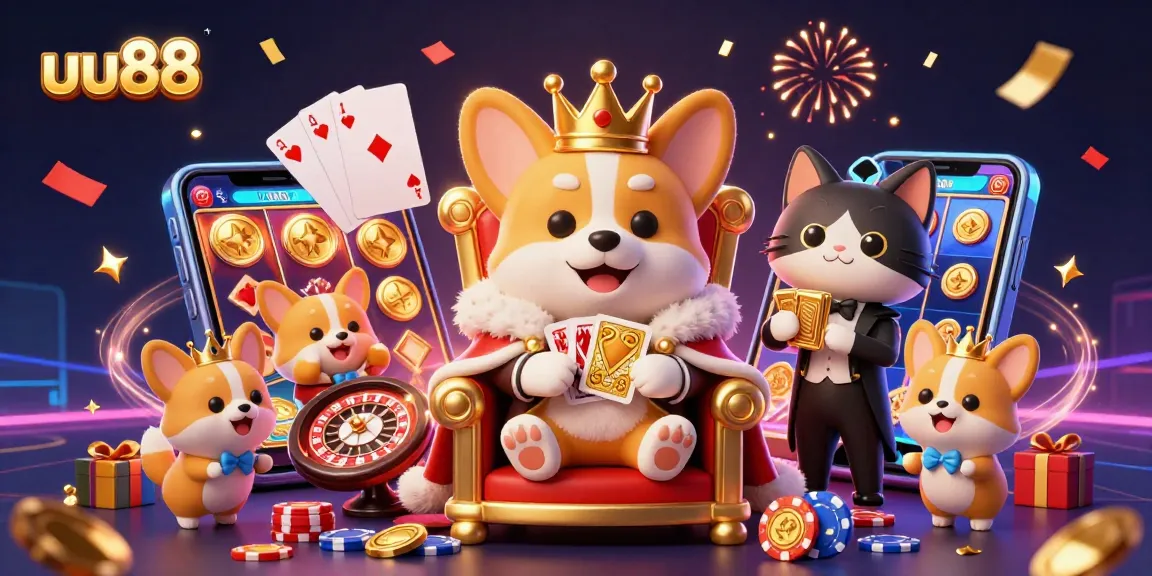 Experience thrilling gaming excitement at uu88 with a royal corgi and gaming elements in a vibrant casino scene.