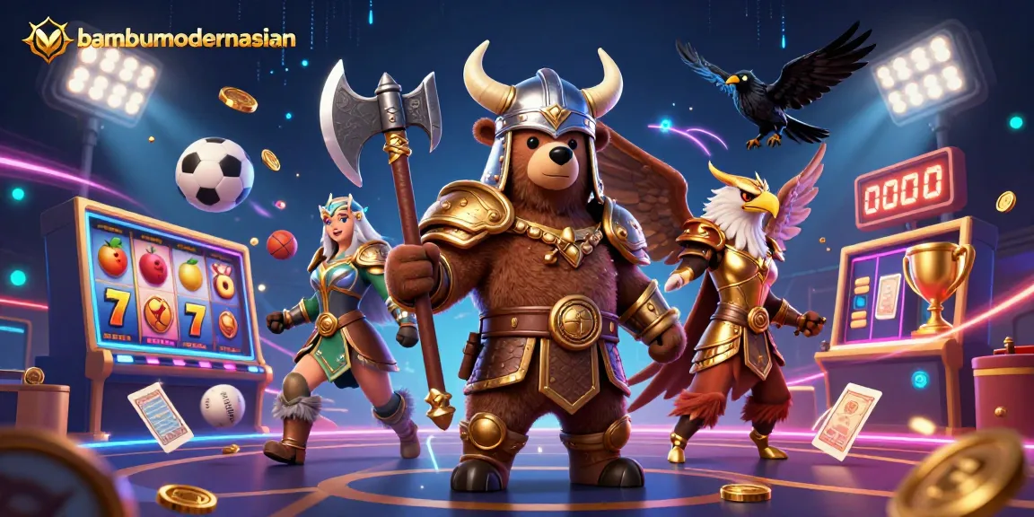bambumodernasian's vibrant 3D casino scene showcasing a Viking bear and Valkyrie eagle amidst dynamic gaming elements