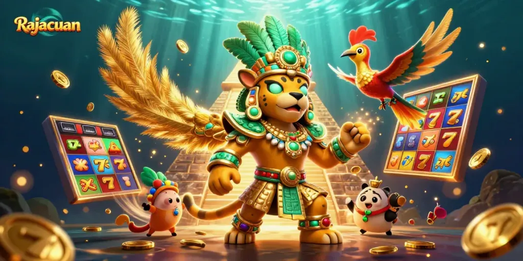 Experience thrilling jackpots with Rajacuan's dynamic slot illustration featuring golden 7s and vibrant reel spins.