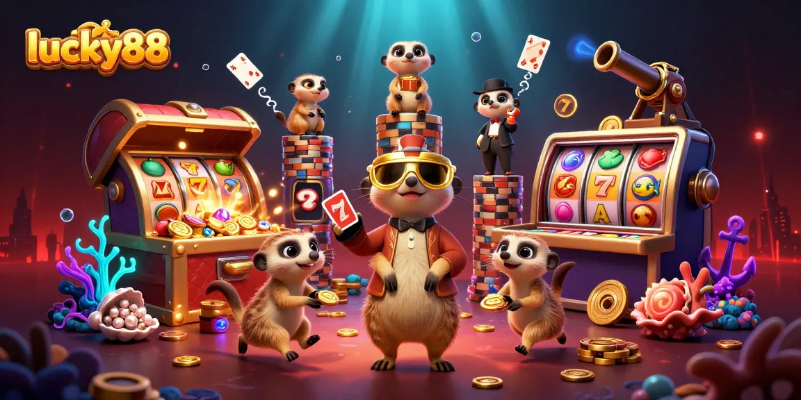 Experience the excitement of lucky88 with meerkats managing a vibrant casino, featuring dynamic slot reels and treasures.