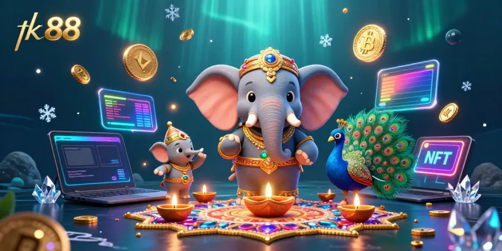 Experience thrilling gaming with tk 88 in a vibrant casino atmosphere surrounded by dazzling riches and playful characters.
