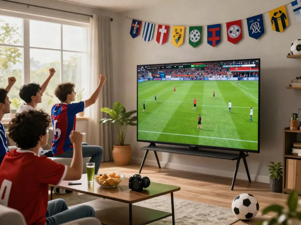 Fans enjoying live football streaming from https://xoilactvlive.net/ surrounded by food and team spirit.