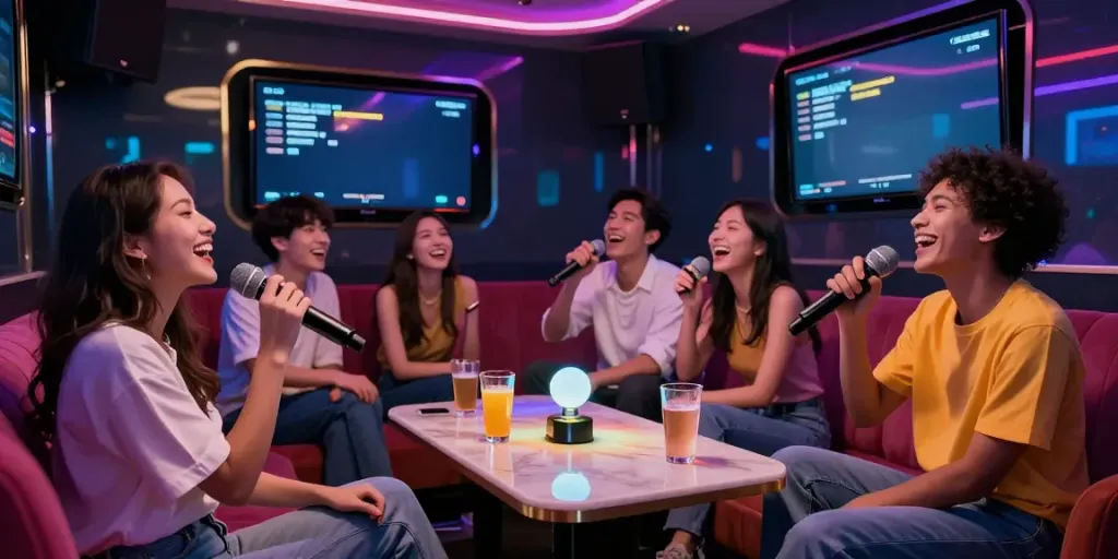 달토에서 친구들과 즐거운 시간을 보내는 모습의 화려한 노래방의 장면.