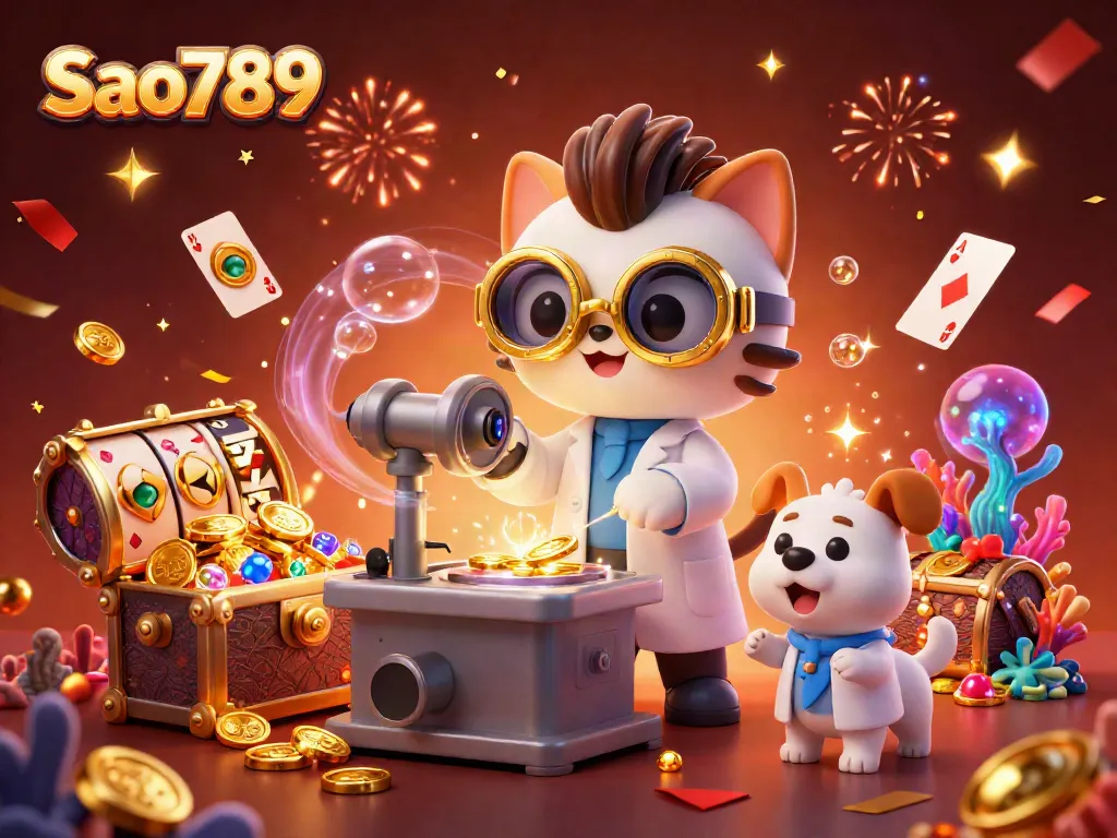 Sao789 showcases exciting casino elements with animated slot reels and jackpot counters amidst an energetic lab scene