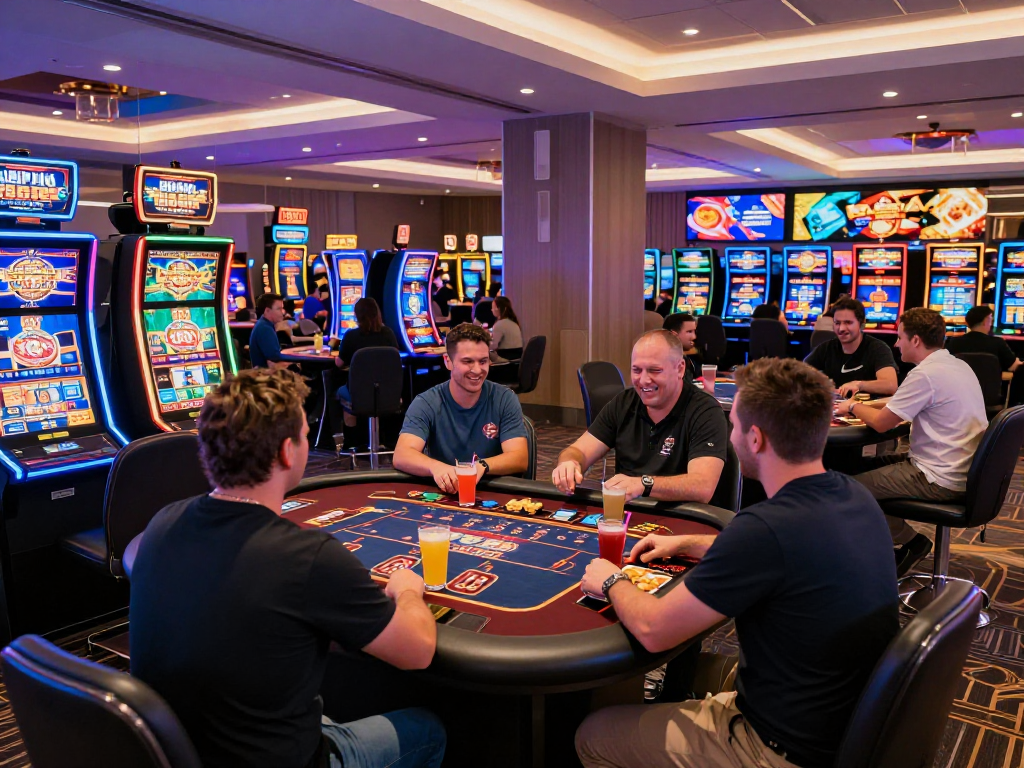 Exciting scene at a casino gaming lounge featuring players enjoying slot machines and live deal games for UK players at https://ghsc.co.uk.