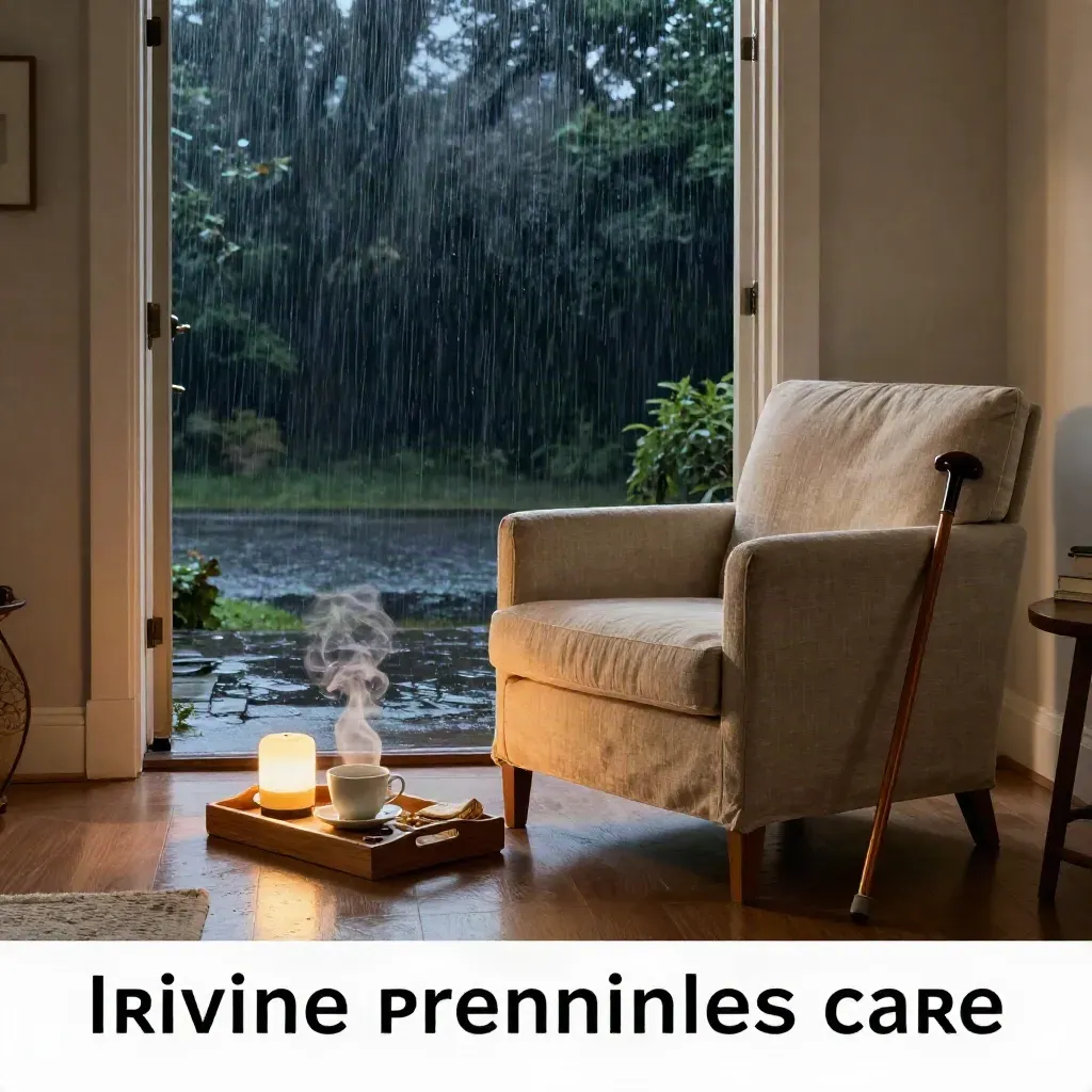 Rain-warmed care vignette with linen chair, tea tray, pill caddy and cane by a glowing doorway.
