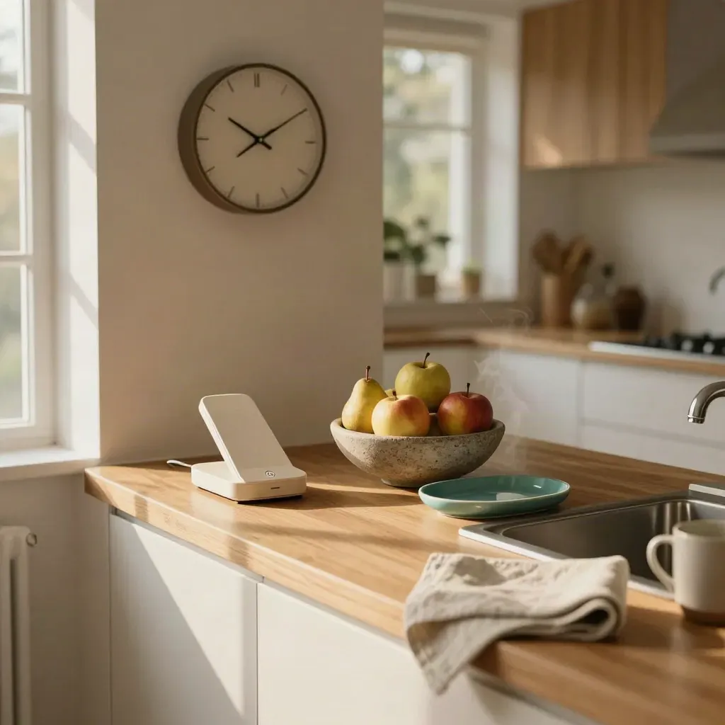 Kitchen counter with clock, phone base, fruit bowl, teal tray, and sink in warm morning light