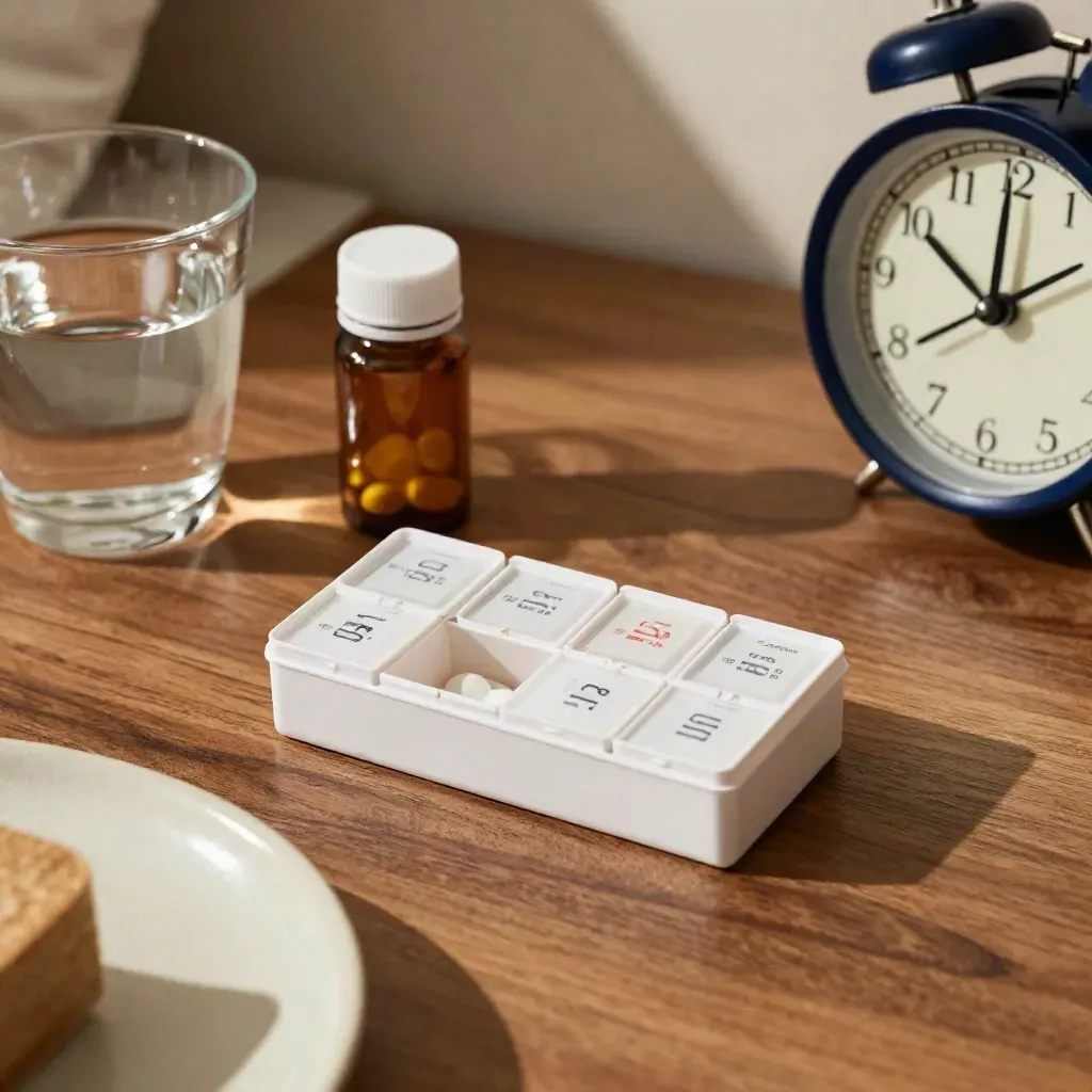 Top-down bedside meds setup with pill organizer, alarm clock, water glass and navy tray.