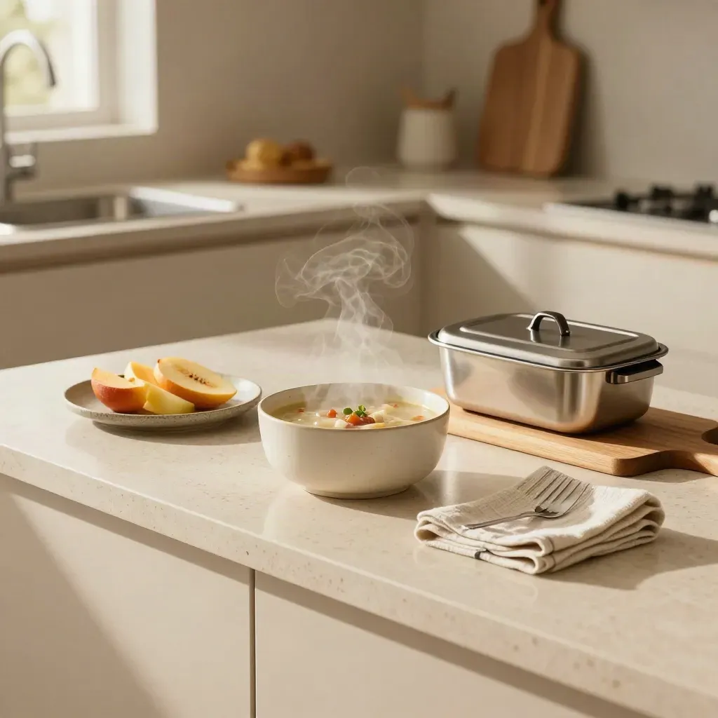 Meal-prep kitchen with steaming soup, sliced fruit, casserole dish, towel, and clean cutting board