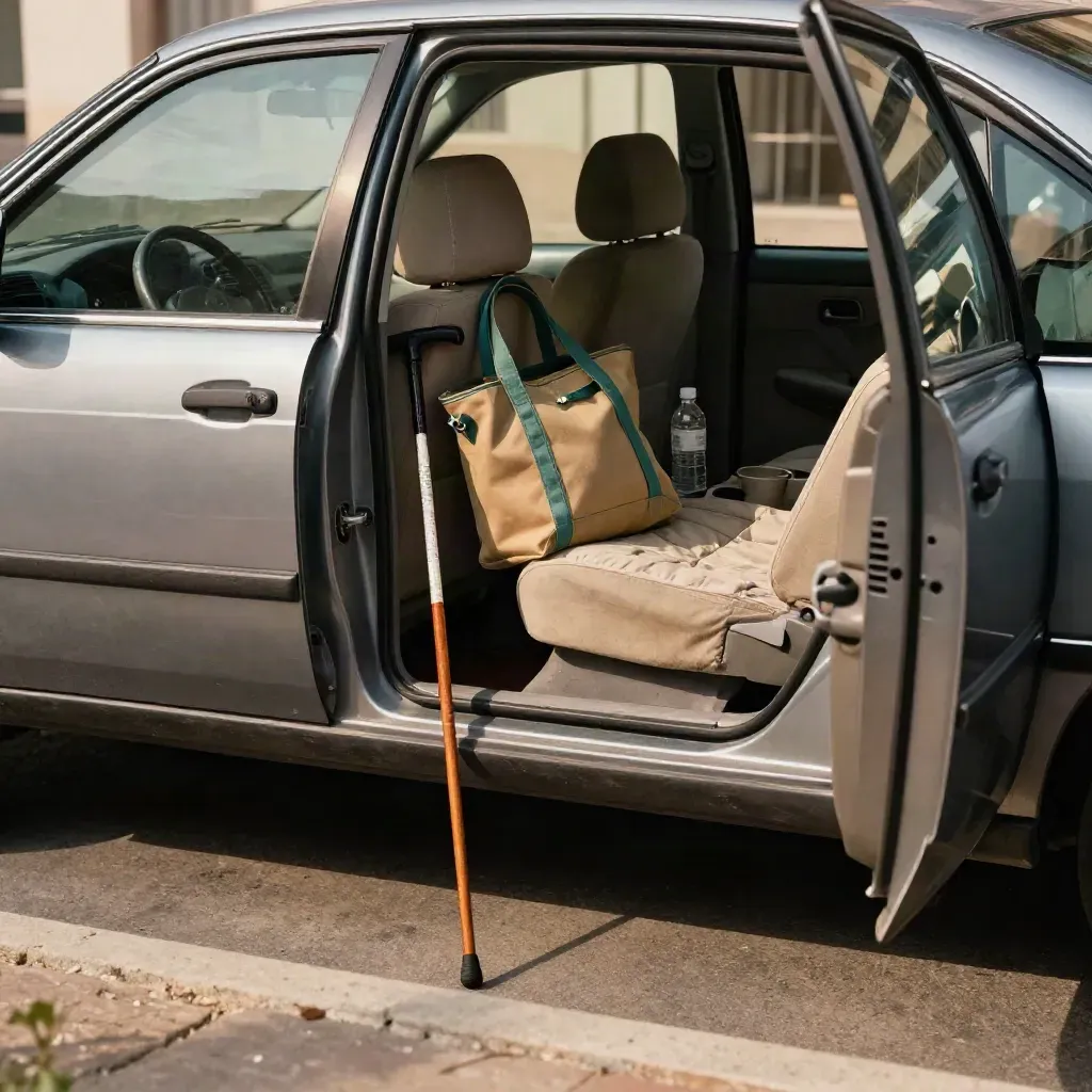 Open sedan with cane, tote, water bottle and seat cushion ready for a doctor trip.