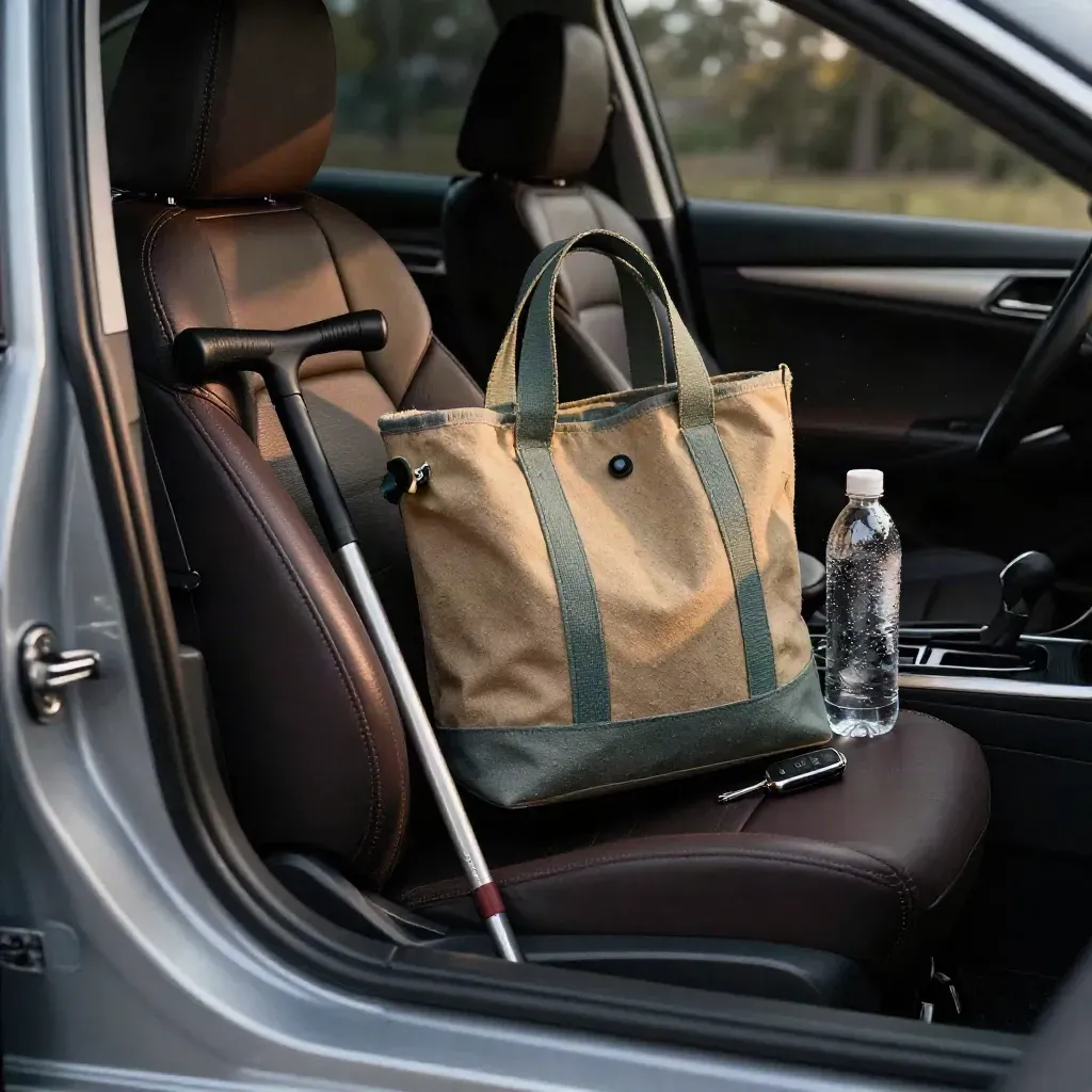Open sedan cabin with cane, tote, water bottle and key fob ready for a ride