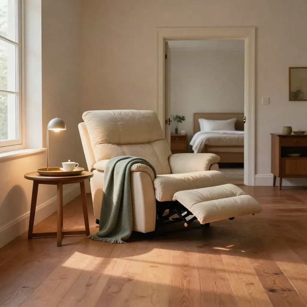 Respite-care living room with reclined chair, folded blanket, tea tray and calm bedroom doorway.