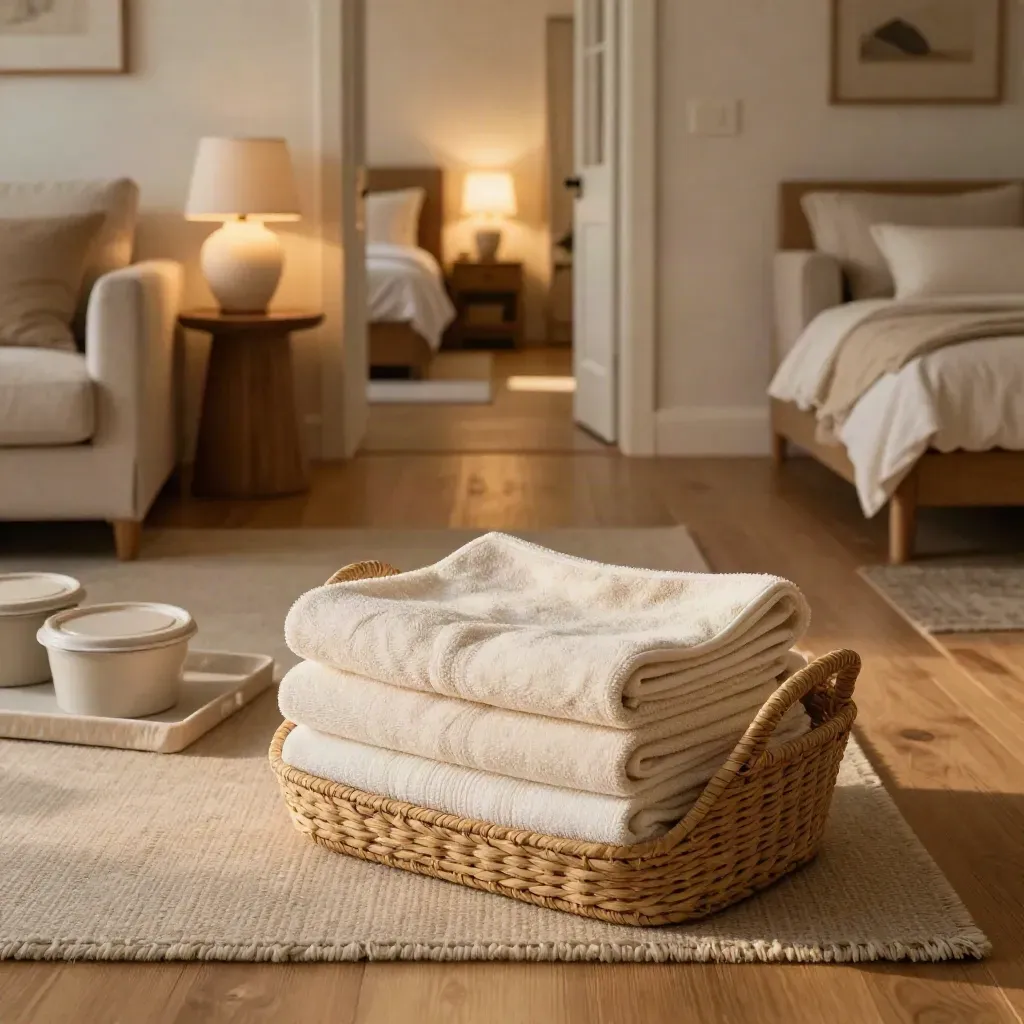 Tidy living room with meal trays, folded towels, glowing lamp, and a closed bedroom door.