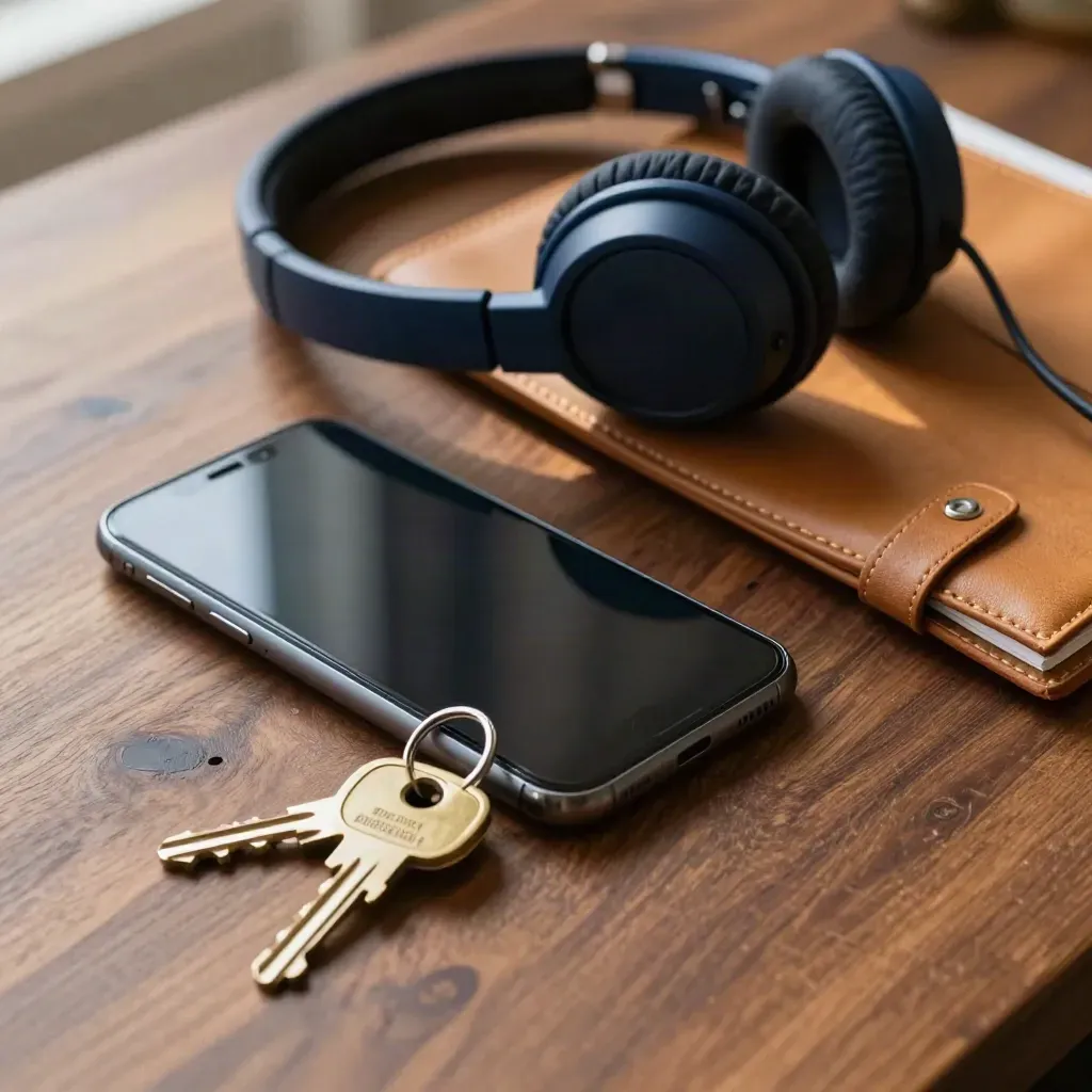 Macro still life of a phone, headset, keys and leather planner on a walnut desk.