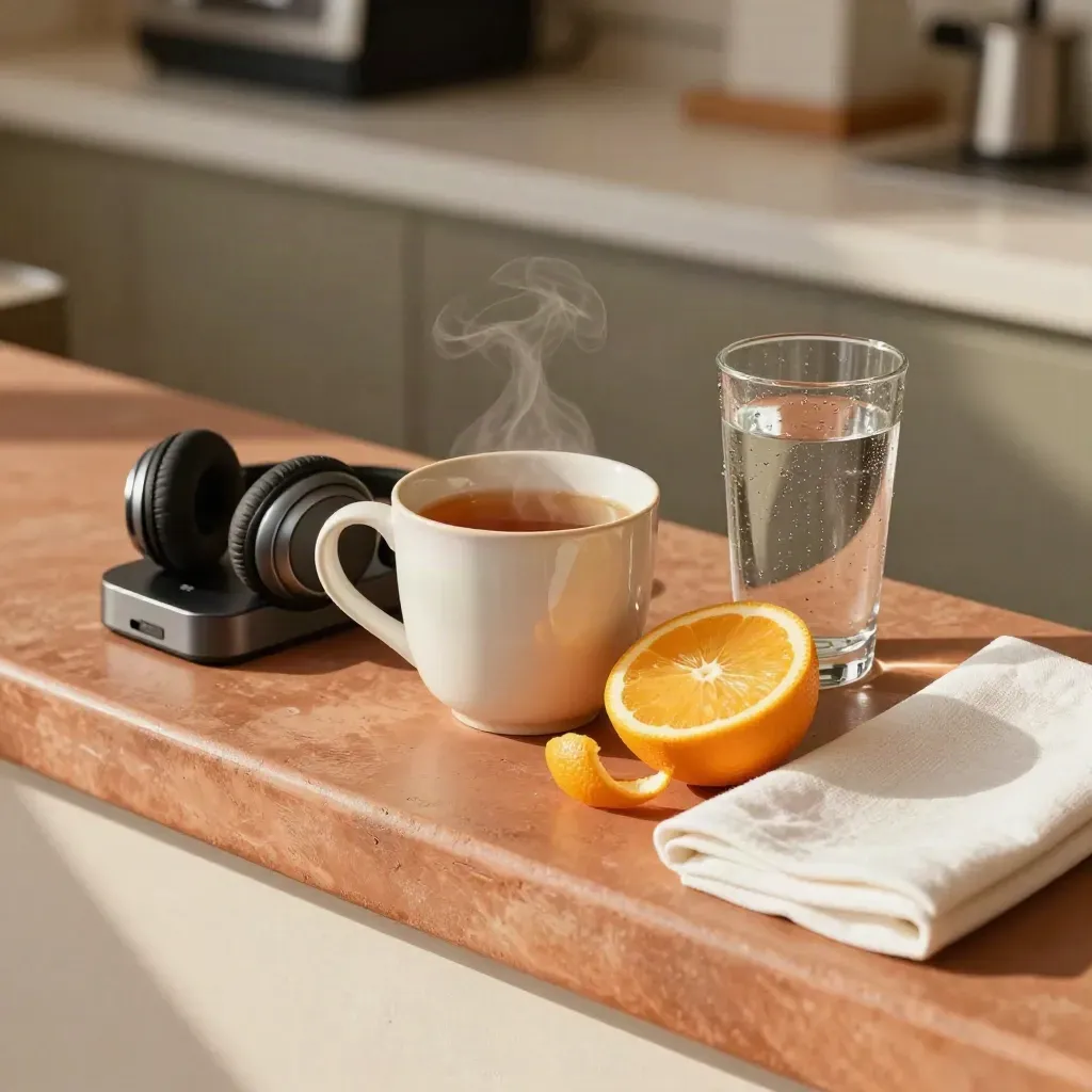 Tea, citrus, water glass, charging dock and headset on a terracotta support ledge with steam.