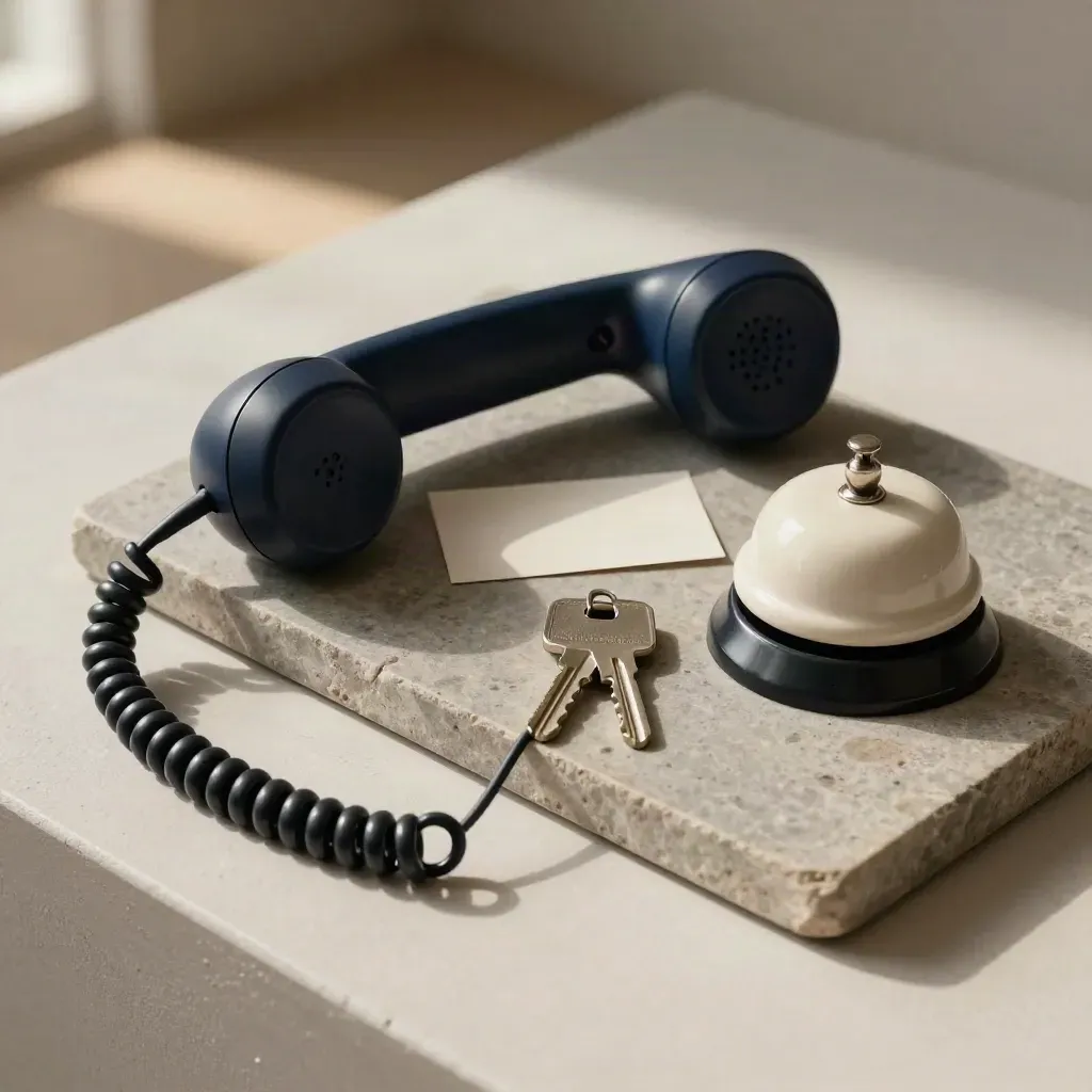 Top-down still life of a corded handset, keys, and call bell on a stone tray.