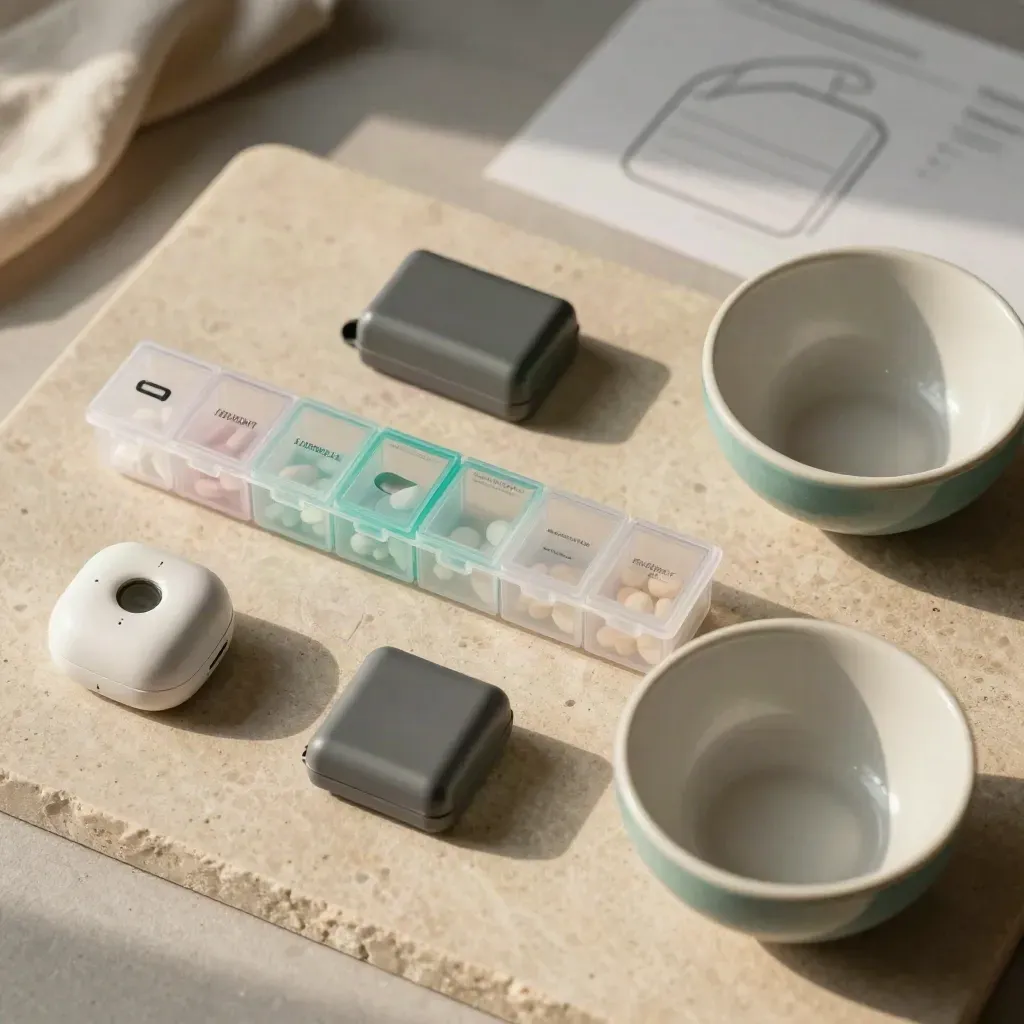 Overhead still life of pill organizer, timer, battery pack and ceramic bowls on stone.