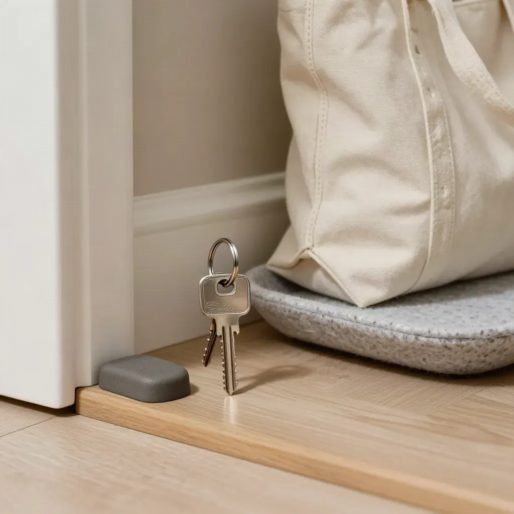 Keys, tote, shoe tray, and doorstop at a pale wood threshold for a home visit