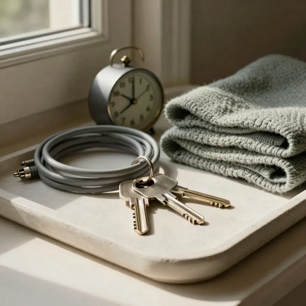 House keys, coiled charger cable, small clock, and folded blanket on a plaster tray.
