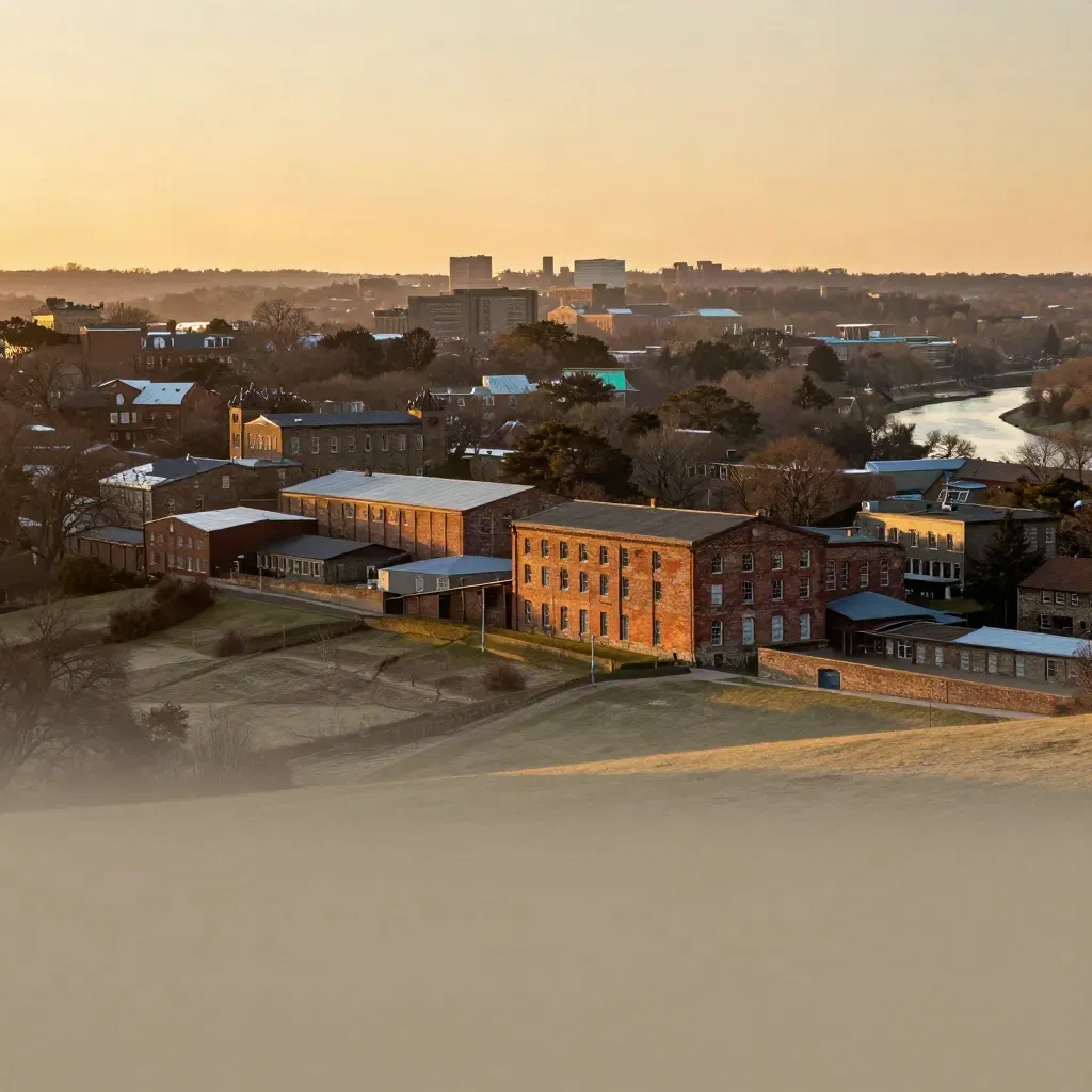 Golden-hour vista of Durham and Chapel Hill with brick mills, trees, and hazy skyline.