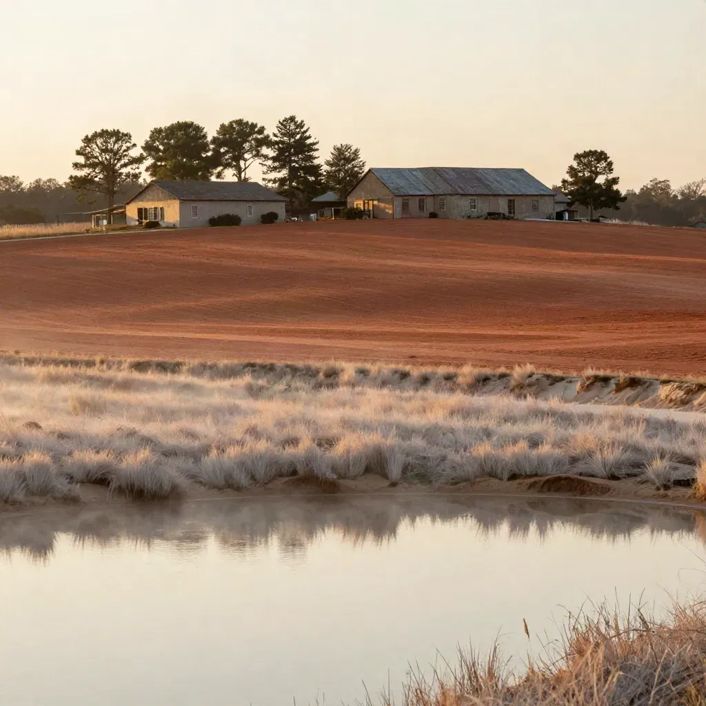 South Wake fields, pond, pines, and farm roofs under warm dusk haze