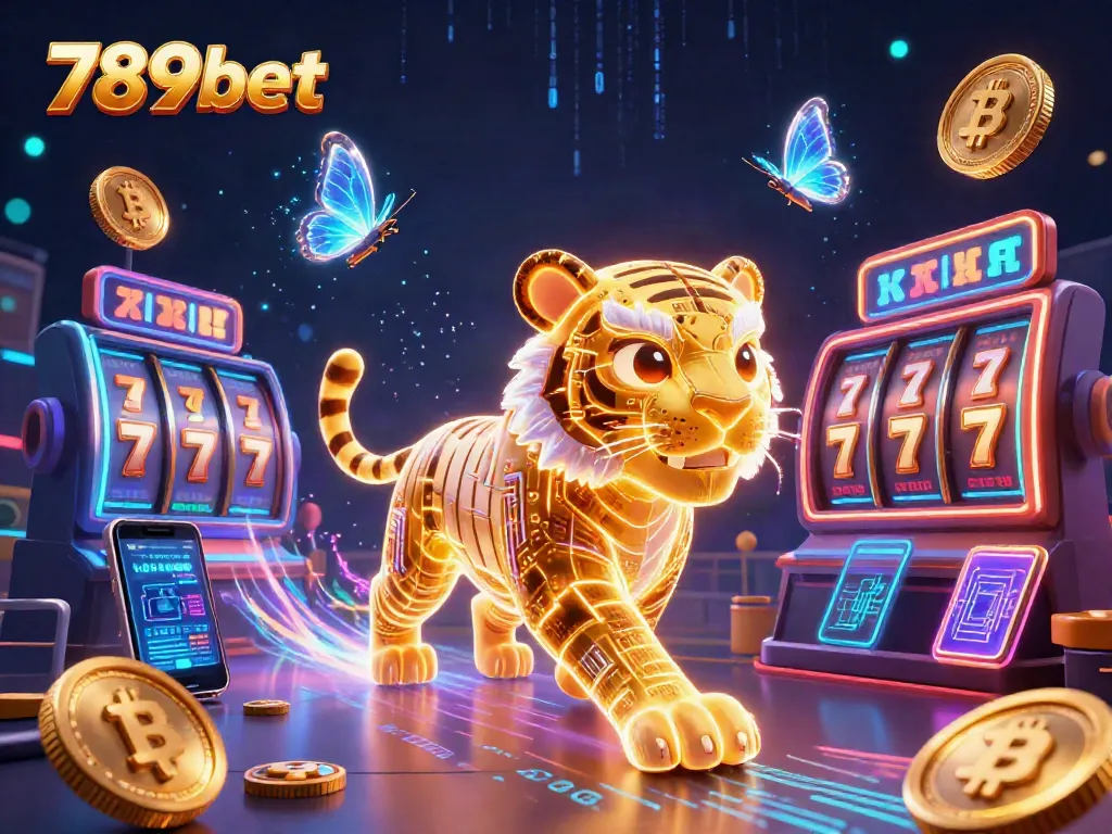 Engage with the vibrant world of 789bet, featuring a digital casino landscape with a neon tiger and holographic elements.