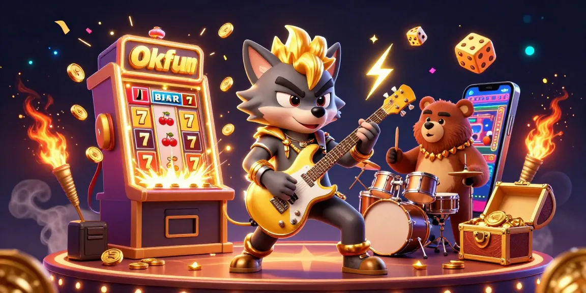 Engage with the thrilling world of Okfun featuring a lively rock star wolf and drummer bear in a wild casino scene.