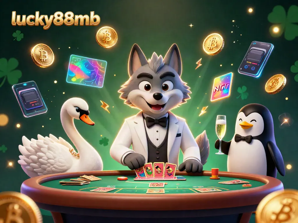 Experience thrilling gambling at lucky88mb with a vibrant casino scene featuring unique characters and crypto elements.