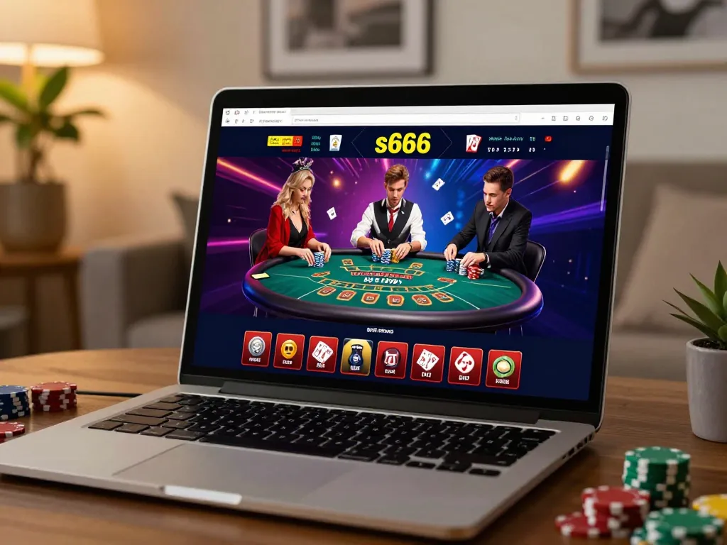Players engaging with the s666 online casino platform on a laptop, showcasing lively blackjack gameplay.