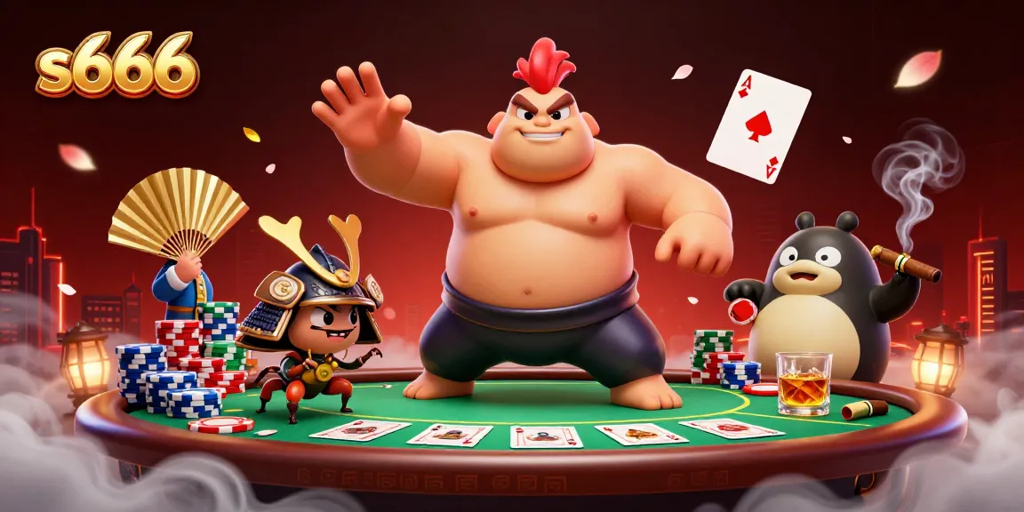 S666's vibrant casino scene showcases a sumo wrestler rooster, samurai cricket, and tanuki announcer surrounded by poker elements.