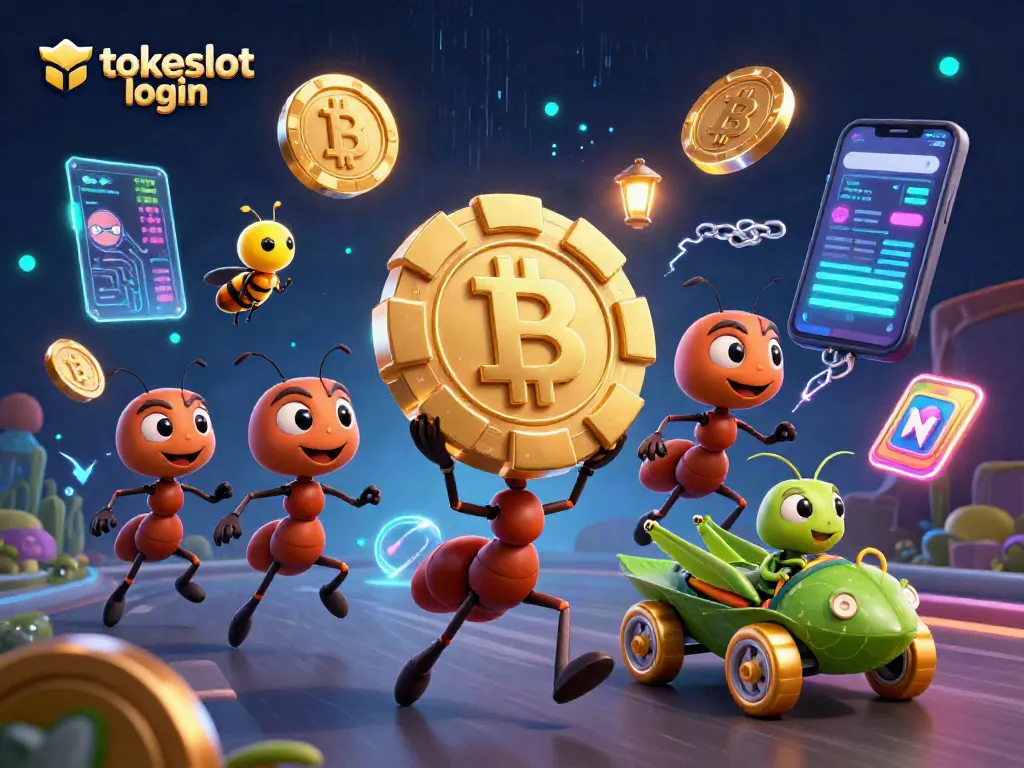 Engage with tokeslot login through a vibrant 3D illustration of ants in a casino heist.