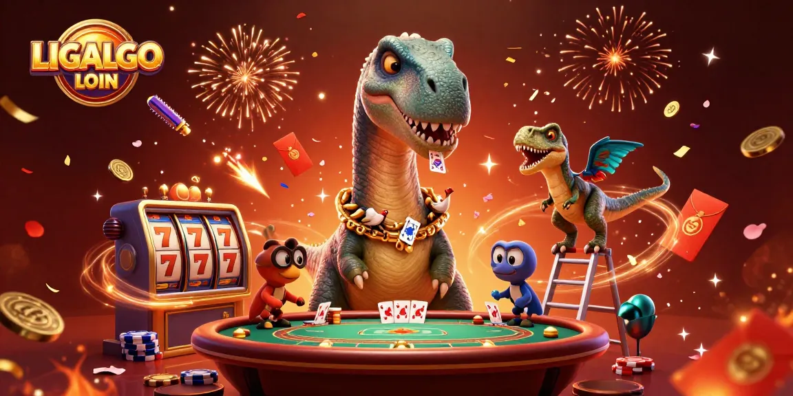 Engage with the LIGALGO LOGIN scene featuring a giant brontosaurus overlooking a vibrant casino setup.