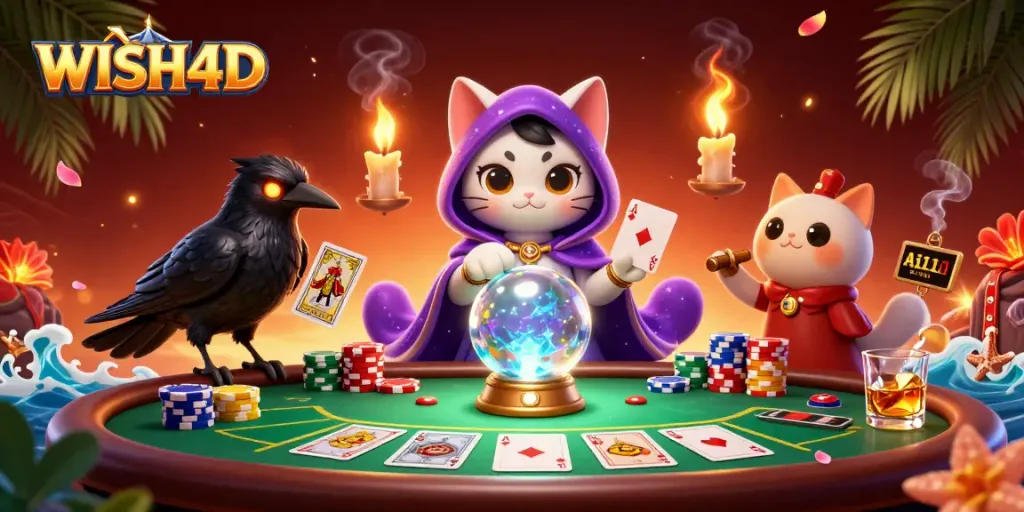 Engage with WISH4D, showcasing a mystical casino scene filled with vibrant poker elements.
