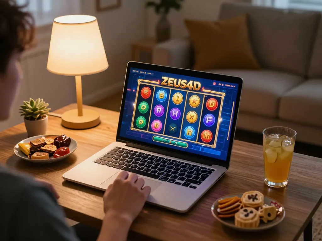 Engaging online slot gaming with ZEUS4D interface showcasing slot deposit 5000 gameplay in a cozy home setting.