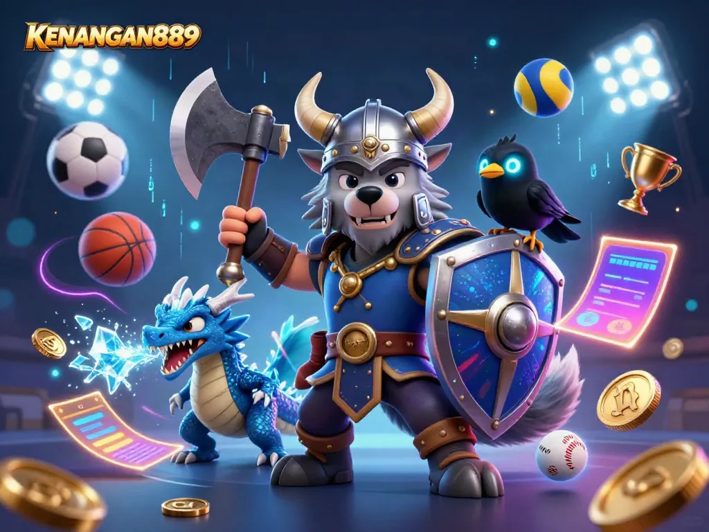 Experience thrilling gameplay with KENANGAN889, featuring a Viking wolf warrior and fierce dragon in an energetic casino scene.