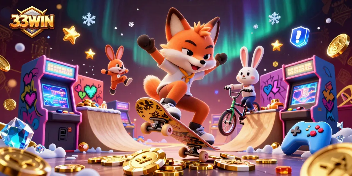 Experience exciting gameplay with 33WIN in this vibrant casino illustration depicting a dynamic scene of fun and luck.