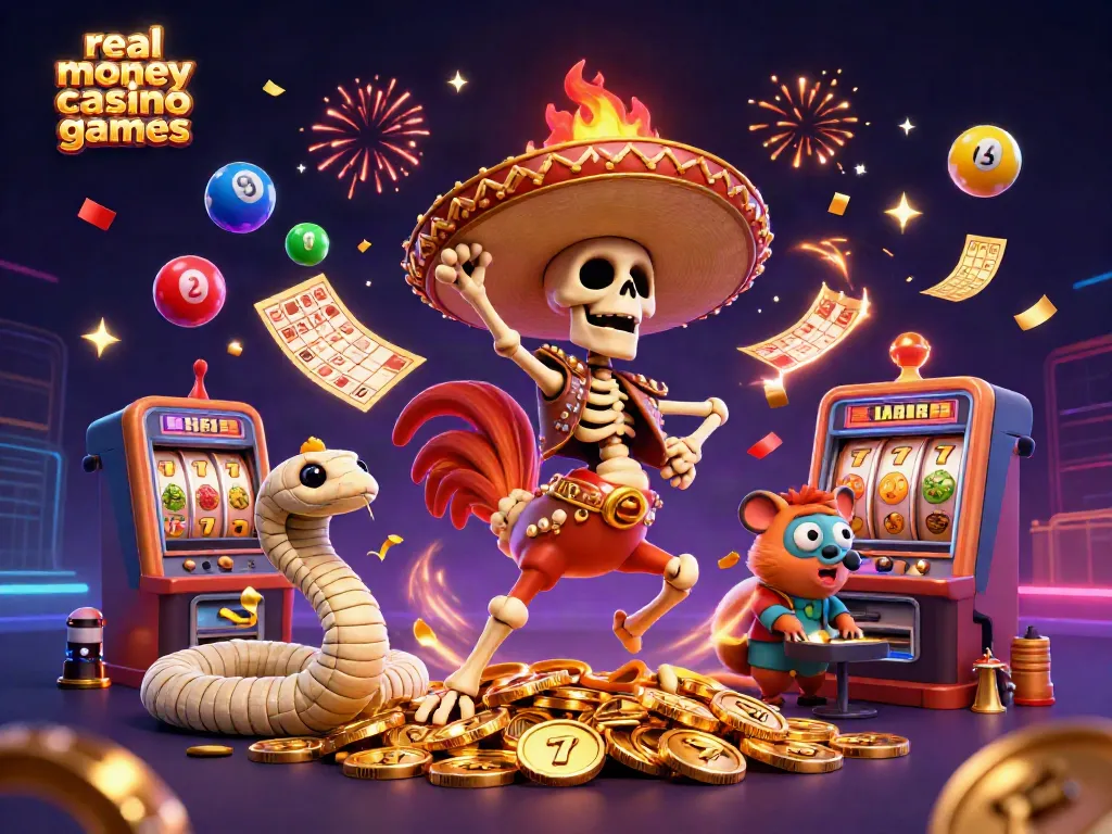 Experience thrilling real money casino games with a vibrant 3D digital illustration of engaging casino characters.