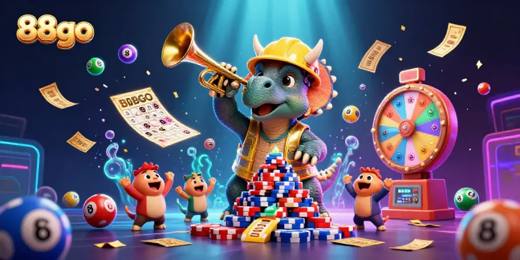 Engage with 88go in a vibrant casino scene with cartoon dinosaurs and exciting game elements.