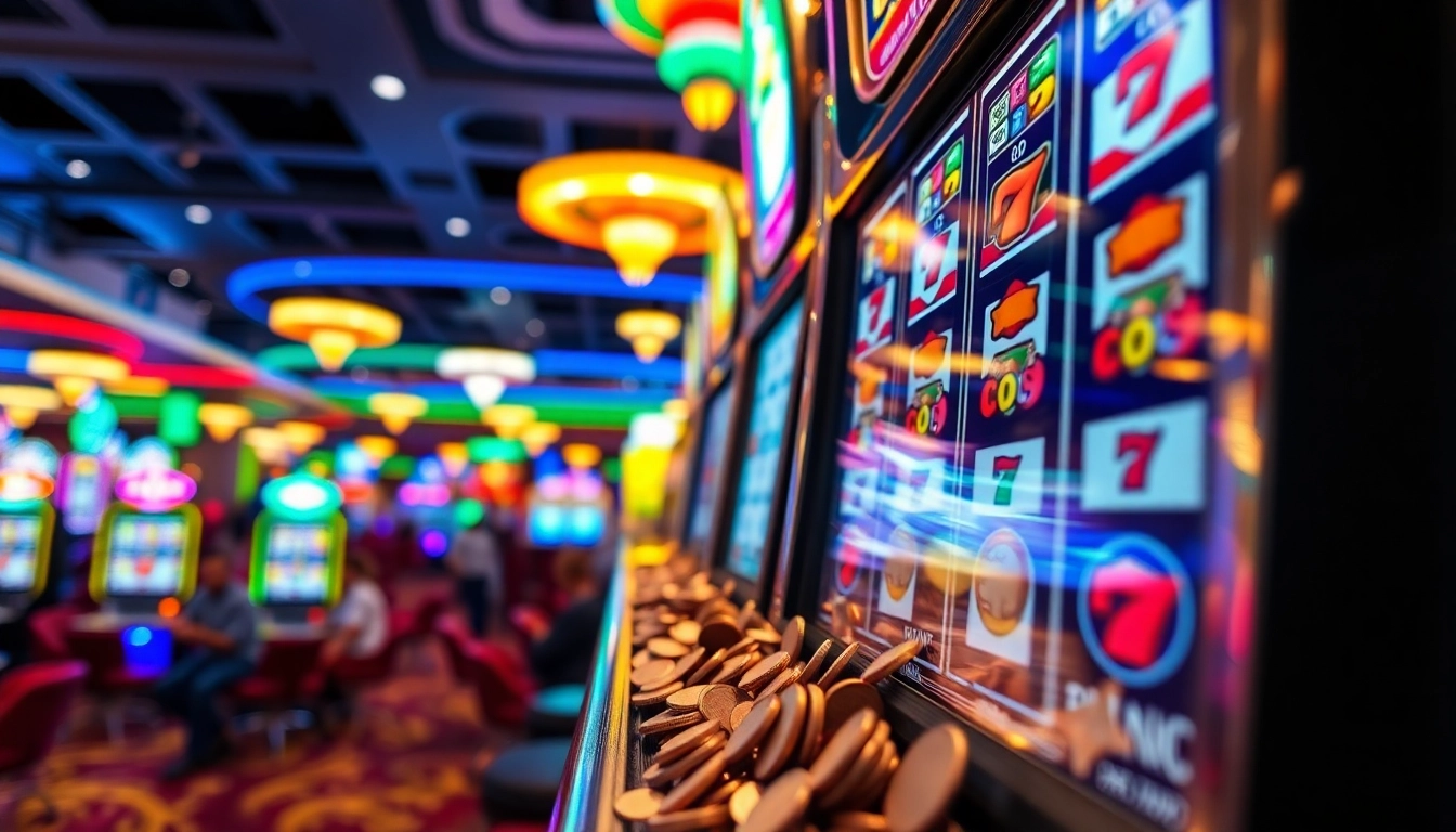 Slot gacor menampilkan mesin slot dengan koin berhamburan dan suasana kasino yang hidup.
