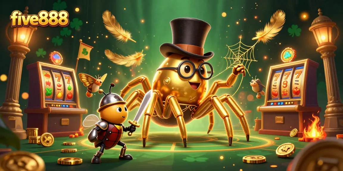 Experience five888's vibrant casino atmosphere with golden tarantula, beetle knight, and slot machines.