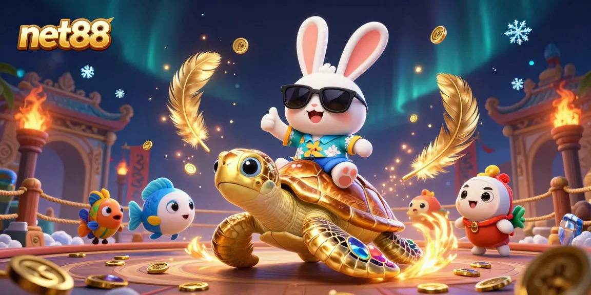Experience high-stakes fun with net88's vibrant 3D illustration of a lucky rabbit in a casino scene.