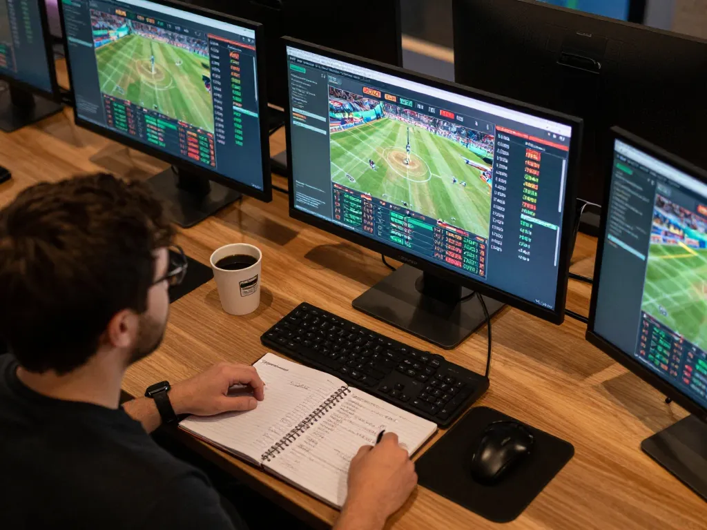 Tr88s user engaged in sports betting strategy with live stats displayed on multiple screens