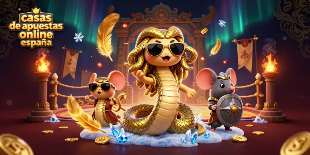 Apuesta en casas de apuestas online España con Medusa y guerrero en una escena vibrante.