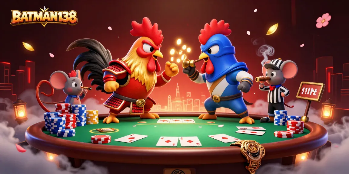 BATMAN138 menghadirkan duel spektakuler antara dua ayam jantan dalam arena judi penuh warna dengan elemen poker.