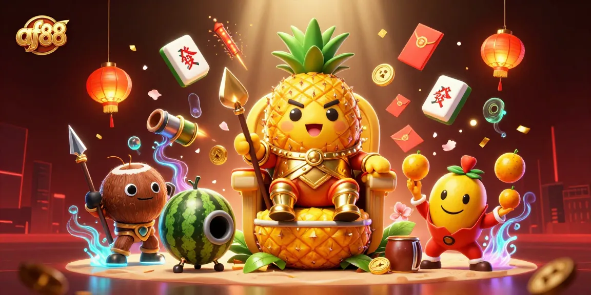 Engage with af88’s vibrant online casino via a dynamic illustration showcasing tropical characters and rich gaming elements.
